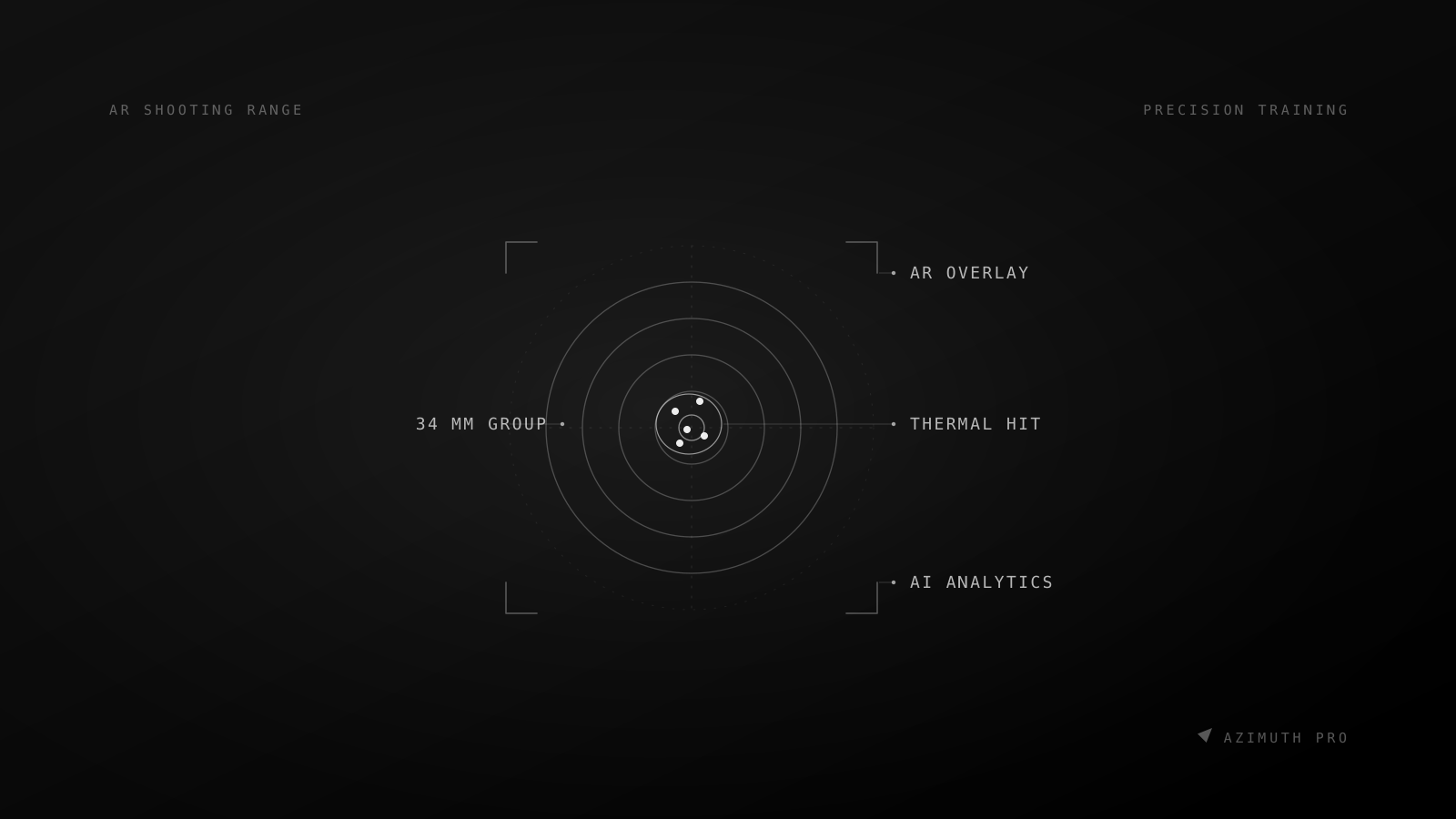 Concentric target with a tight shot group, a measured grouping ellipse and augmented-reality framing brackets