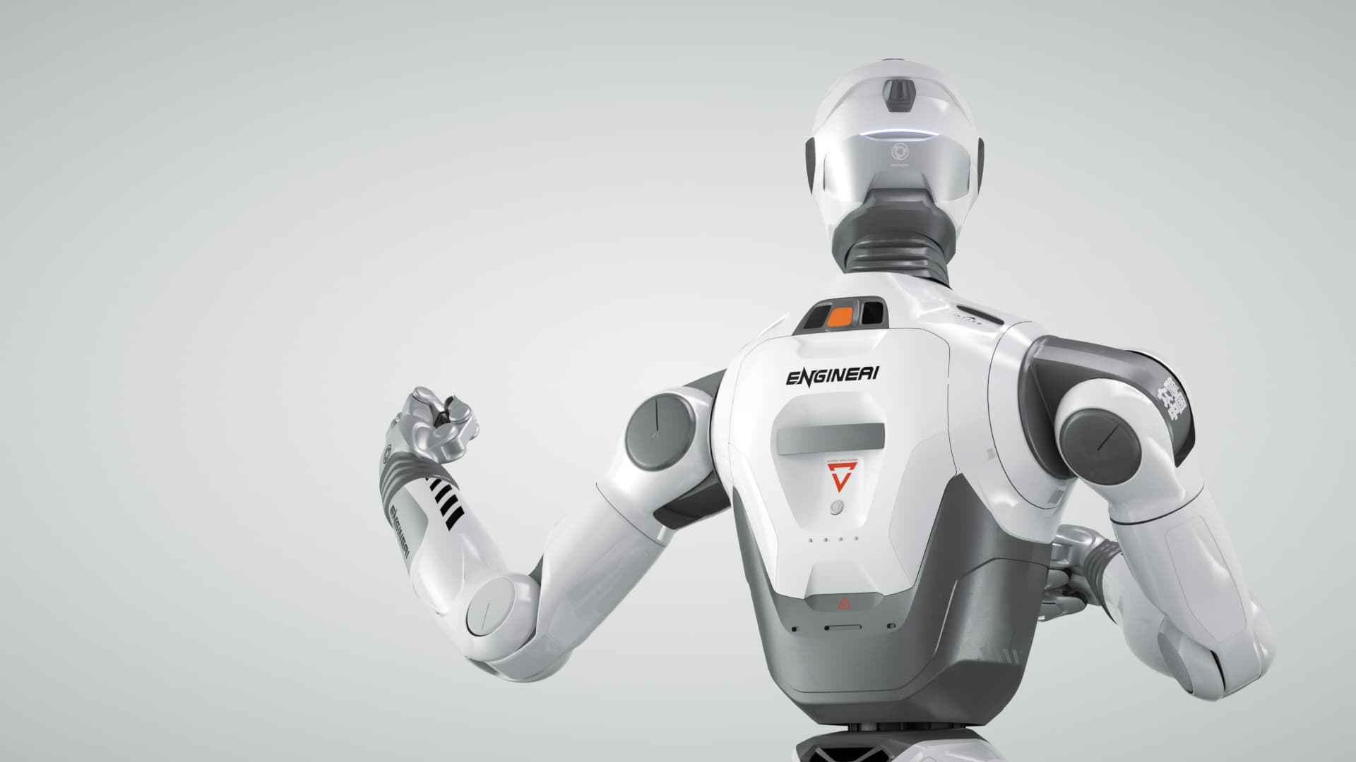 Rear view of the T800 torso with the swappable battery pack
